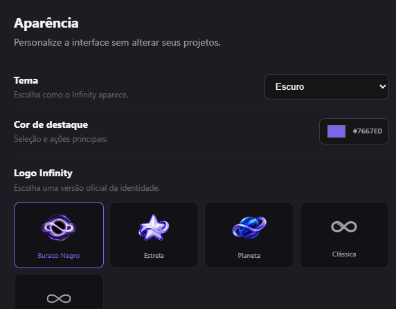 Configurações de aparência do Infinity